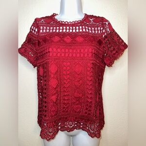 Red Lace Crochet Top Short Sleeve Fully Lined Size S